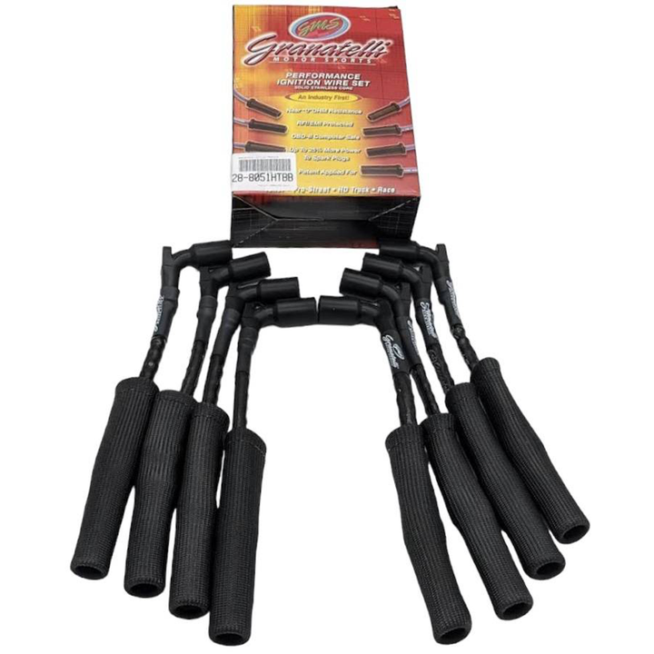 Black Granatelli high temp spark plug wires with black fire sleeve for C8 Corvette LT2
