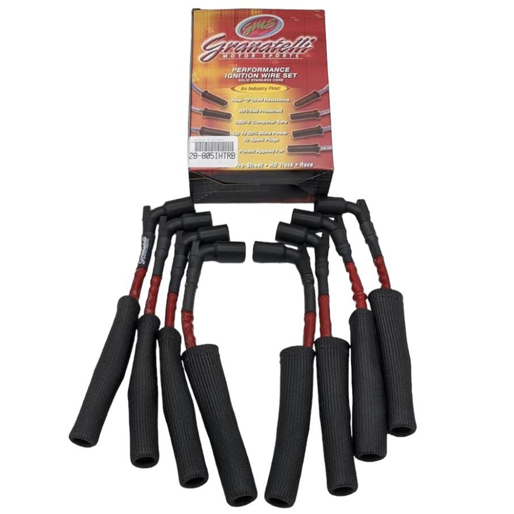 Red Granatelli high temp spark plug wires with black fire sleeve for C8 Corvette LT2