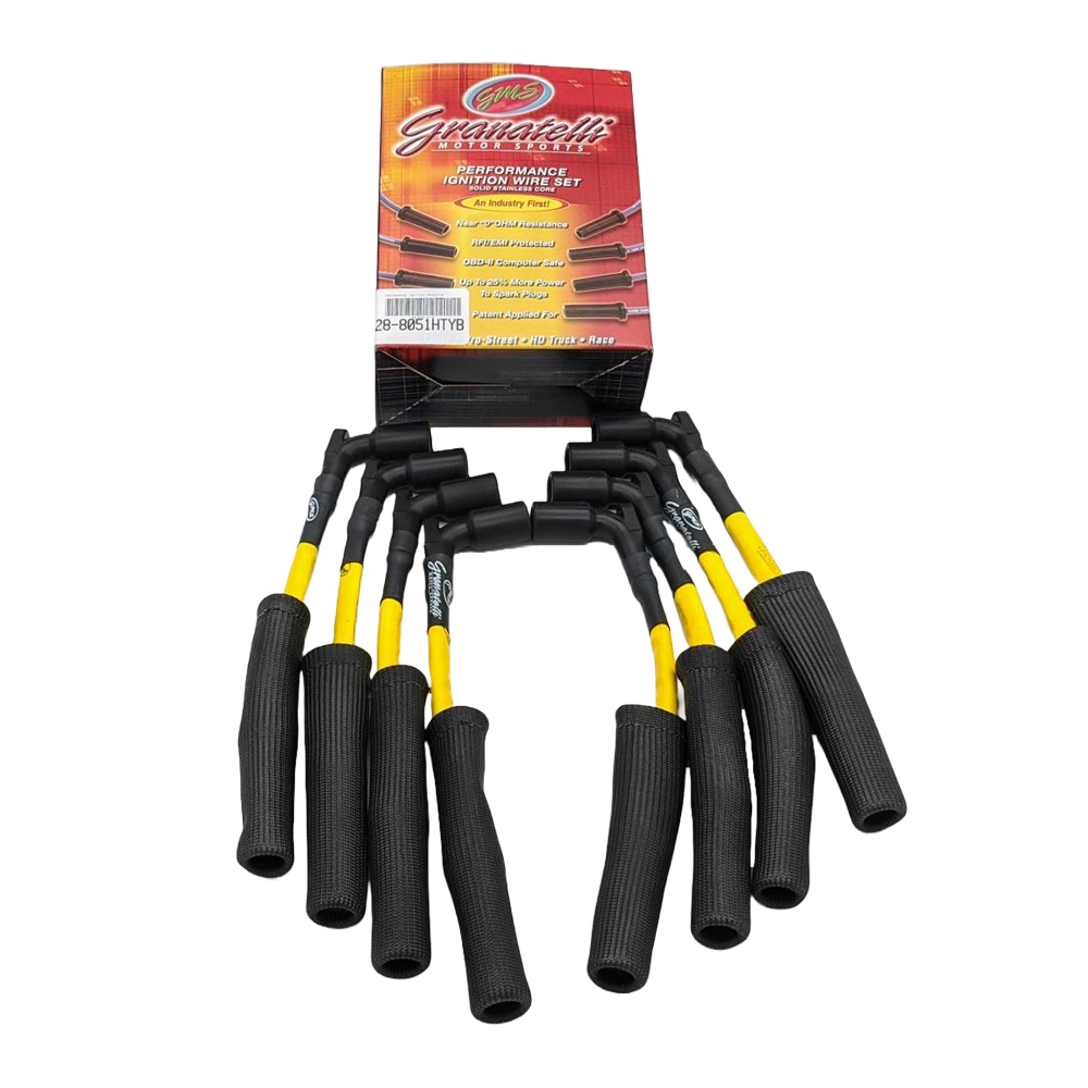 Yellow Granatelli high temp spark plug wires with black fire sleeve for C8 Corvette LT2