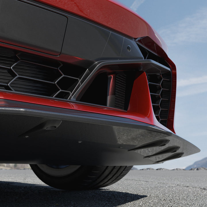 Underside of the ACS Composite 50-4-158 front splitter showing the nine skid plates that take the wear
