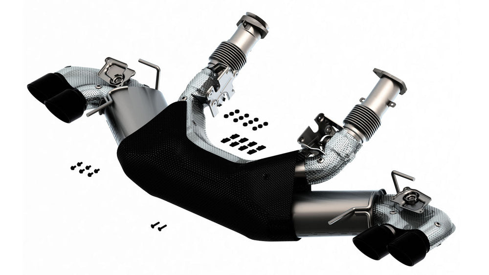 Borla 140838BC for the 2027 C8 Corvette Grand Sport showing the T-304 stainless construction and the heat shielding