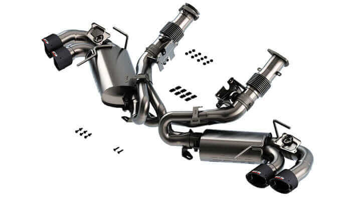 Borla 140838CF for the 2027 C8 Corvette Grand Sport showing the T-304 stainless construction and the heat shielding