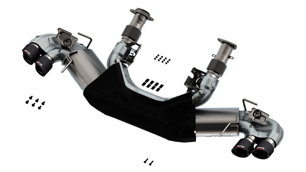 Borla 140839CF for the 2027 C8 Corvette Grand Sport showing the T-304 stainless construction, SwitchFire and the included heat shielding