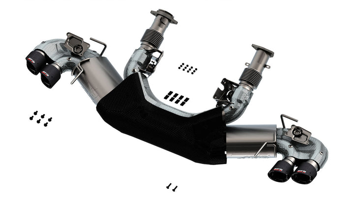 Borla 140839CF for the 2027 C8 Corvette Grand Sport showing the T-304 stainless construction, SwitchFire and the included heat shielding