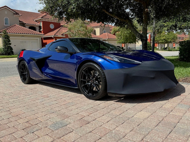 Blue C8 Corvette Grand Sport with the NoviStretch FBM850V front bumper mask fitted over the front fascia