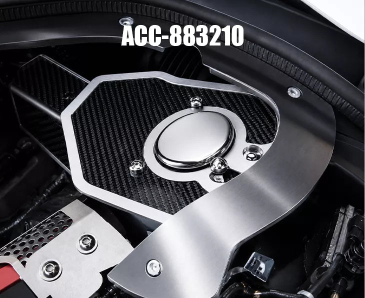 C8 Corvette HTC carbon-fiber shock-tower cover with brushed trim and a plain center cap