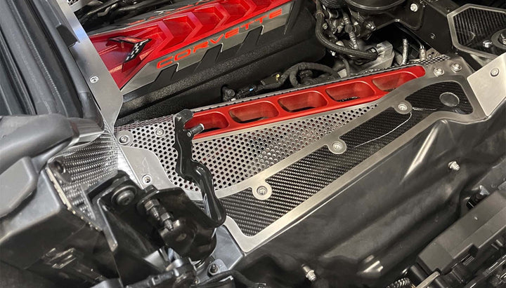 Close view of the carbon fiber frame-rail cover and brushed stainless edge beside a C8 engine