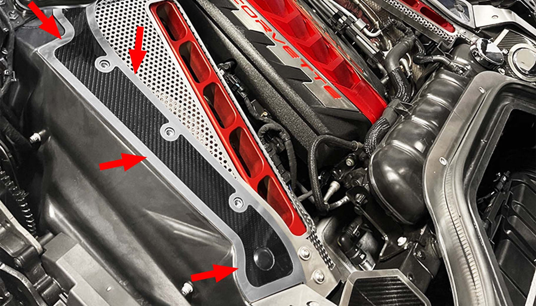 C8 convertible frame-rail trim highlighted by arrows in an installed close-up
