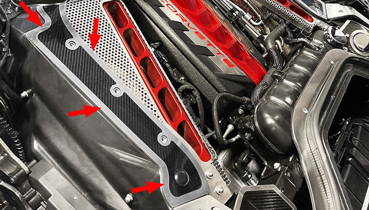 C8 convertible frame-rail trim highlighted by arrows in an installed close-up