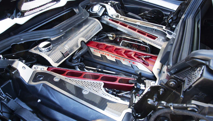 C8 convertible perforated header and crossmember covers with the red crossmembers left exposed