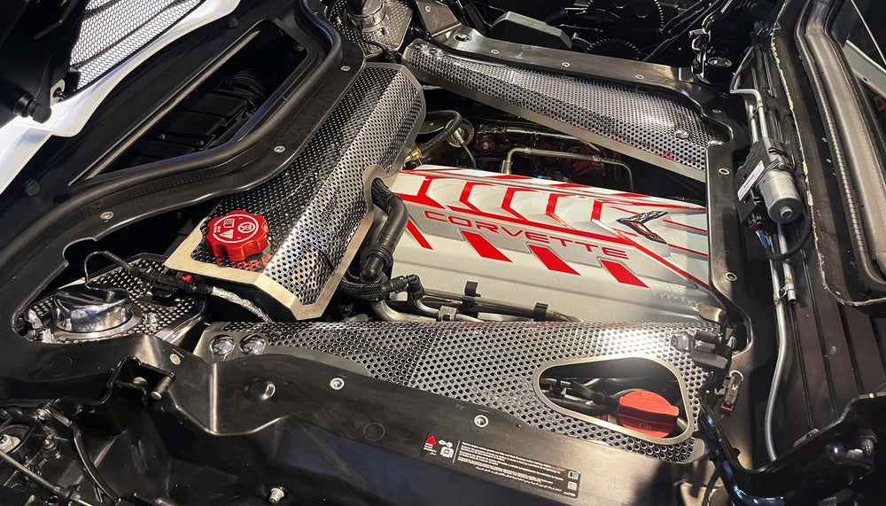 C8 convertible perforated header and crossmember covers with broad stainless crossmember coverage