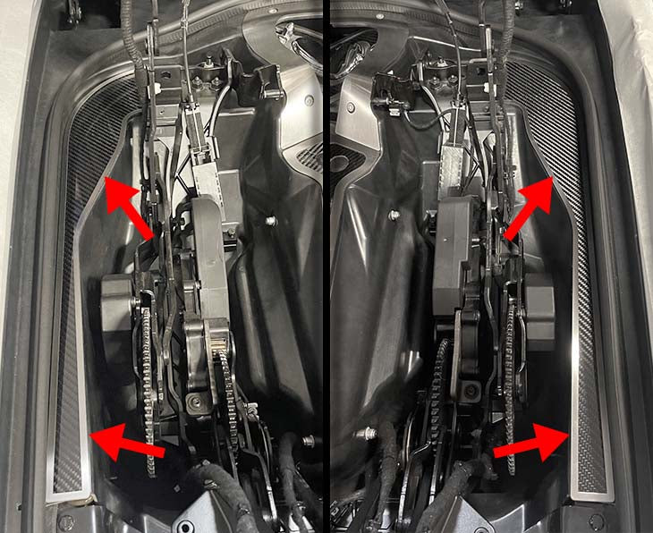Both C8 convertible hinge dress-up plates shown beside the hinge mechanisms with location arrows