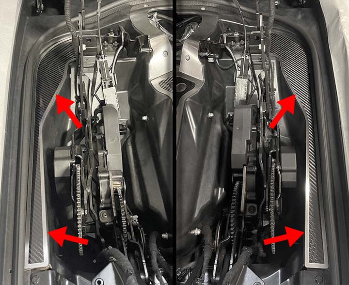 Both C8 convertible hinge dress-up plates shown beside the hinge mechanisms with location arrows