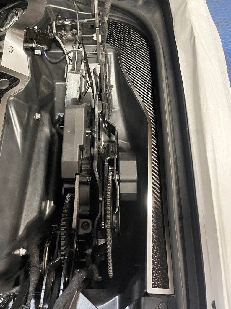 Opposite-side carbon fiber hinge dress-up plate installed beside a C8 convertible hinge mechanism
