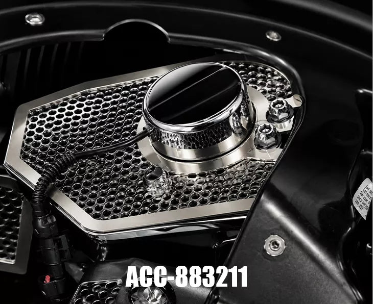 C8 Corvette HTC perforated stainless shock-tower cover with brushed trim and a plain center cap