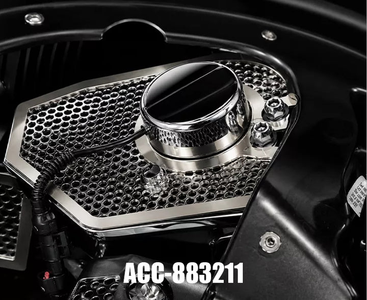 C8 Corvette HTC perforated stainless shock-tower cover with brushed trim and a plain center cap