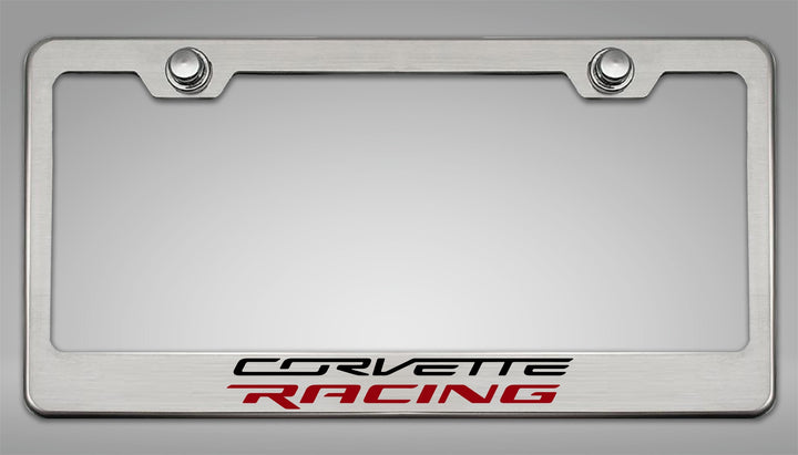 C8 Corvette license frame with black CORVETTE and red RACING lettering
