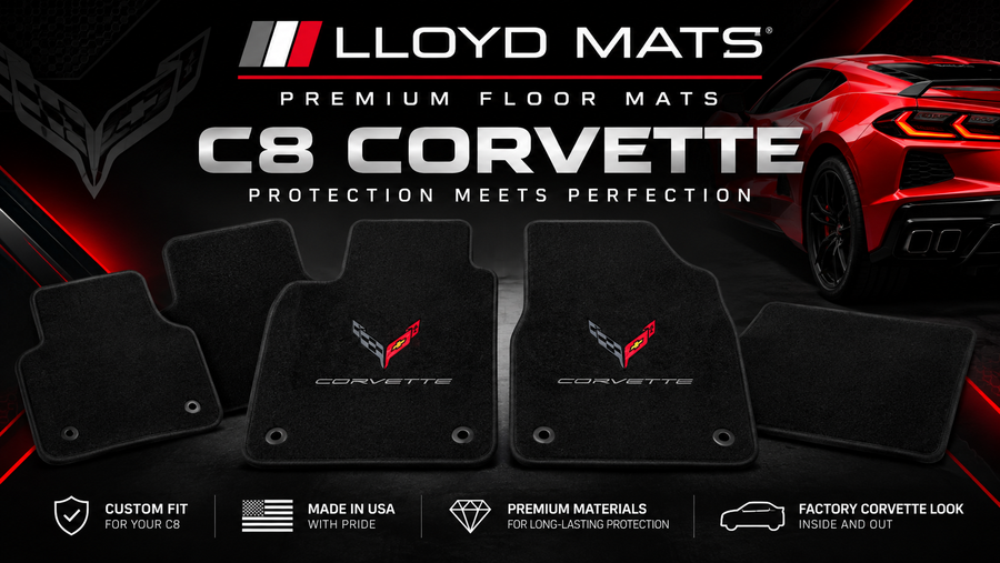 C8 Corvette Lloyd Mats premium custom-fit floor mats with Corvette logos for 2020–2026 Stingray, Z06 and E-Ray models.