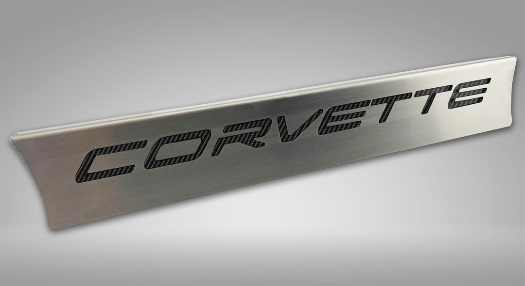 C8 Corvette lower rear-window accent with black CORVETTE lettering