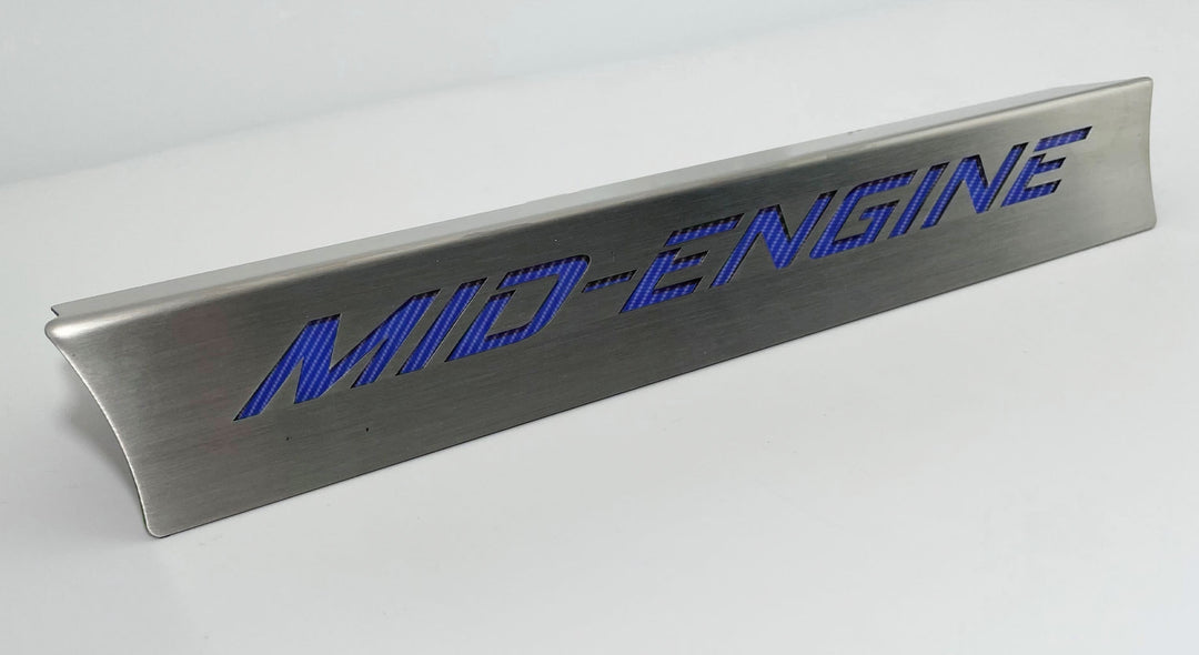C8 Corvette lower rear-window accent with blue MID-ENGINE lettering