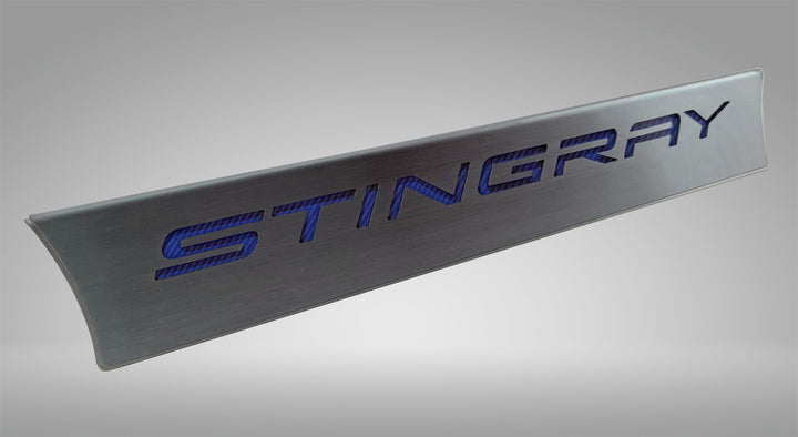 C8 Corvette lower rear-window accent with blue STINGRAY lettering