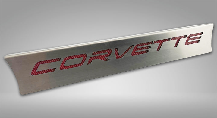 C8 Corvette lower rear-window accent with red CORVETTE lettering
