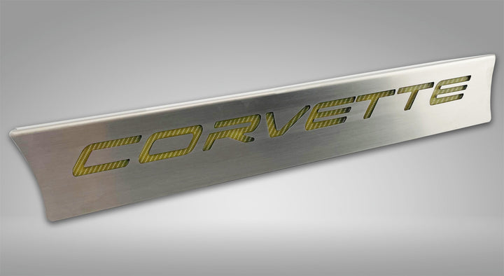 C8 Corvette lower rear-window accent with yellow CORVETTE lettering