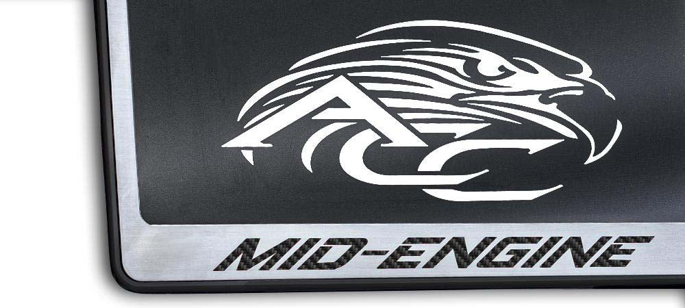 C8 Corvette MID-ENGINE license frame with black lettering and black-base trim