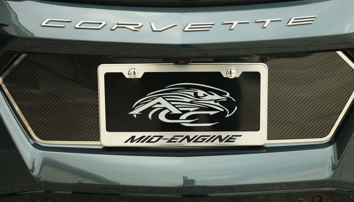 C8 Corvette MID-ENGINE license frame with black lettering and polished-base trim