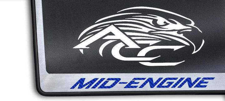C8 Corvette MID-ENGINE license frame with blue lettering and black-base trim