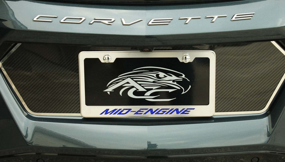 C8 Corvette MID-ENGINE license frame with blue lettering and polished-base trim