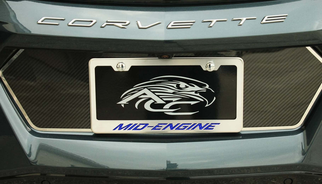 C8 Corvette MID-ENGINE license frame with blue lettering and polished-base trim