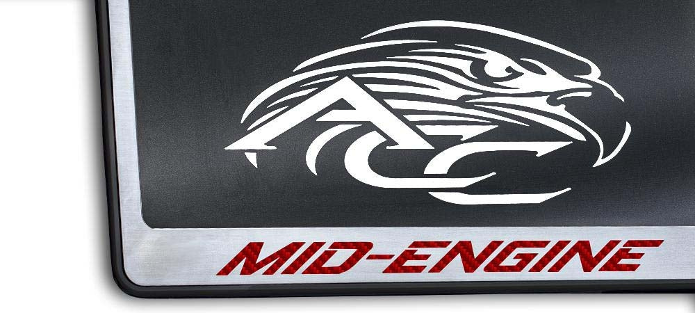 C8 Corvette MID-ENGINE license frame with red lettering and black-base trim