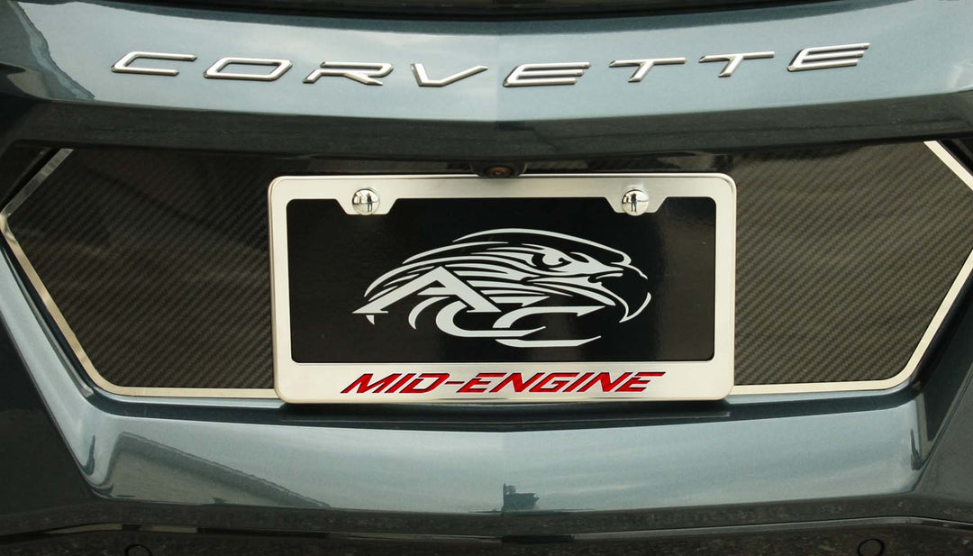 C8 Corvette MID-ENGINE license frame with red lettering and polished-base trim