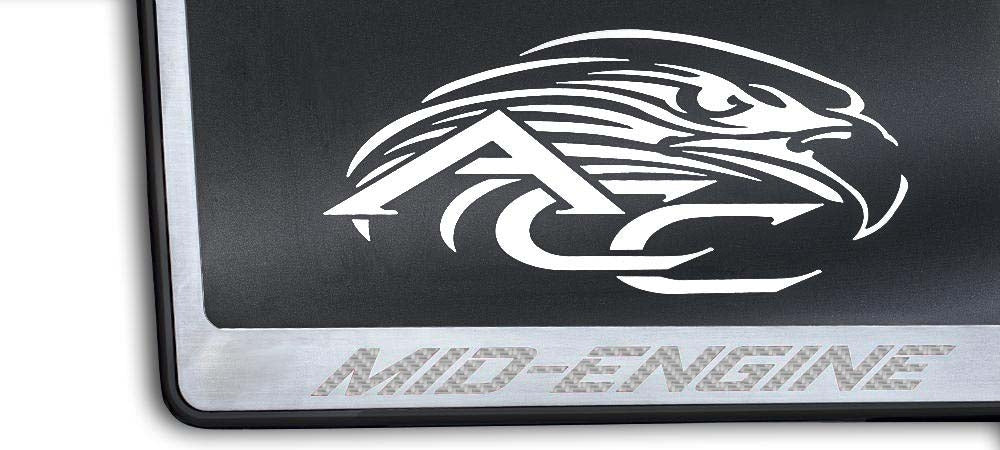 C8 Corvette MID-ENGINE license frame with white lettering and black-base trim