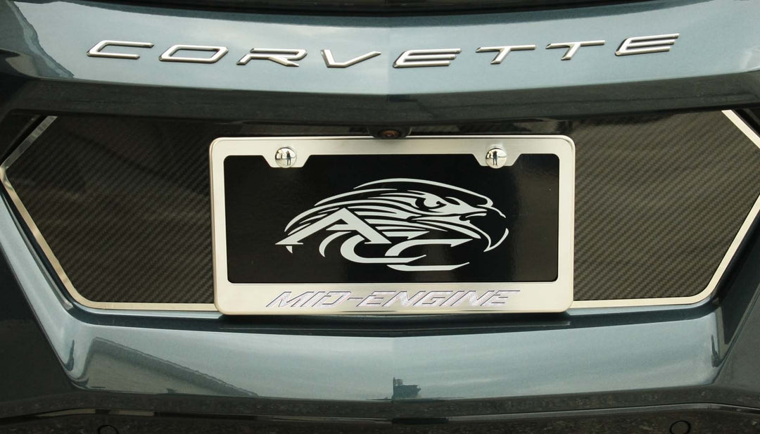 C8 Corvette MID-ENGINE license frame with white lettering and polished-base trim