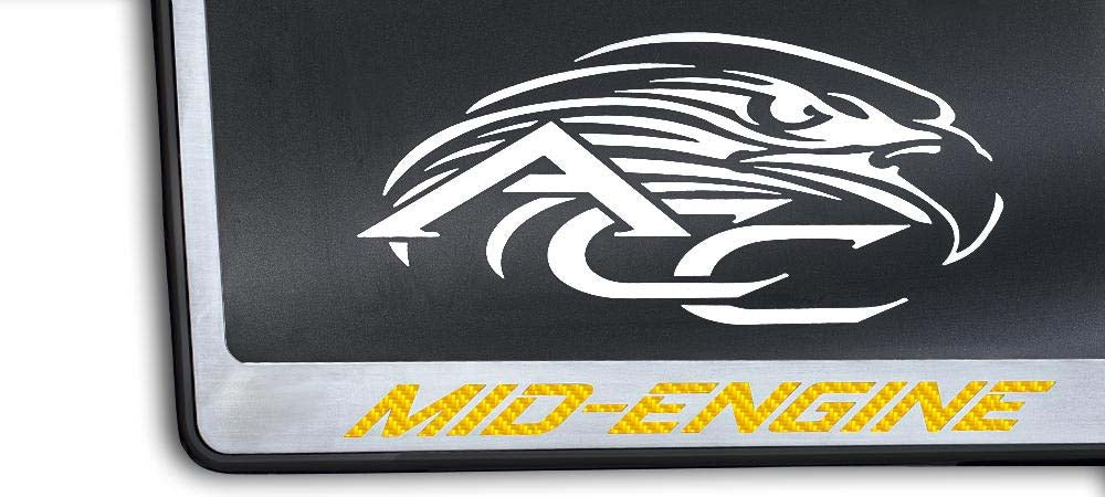 C8 Corvette MID-ENGINE license frame with yellow lettering and black-base trim