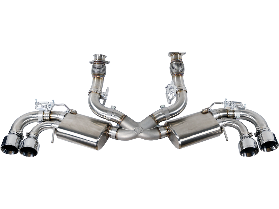 AutoSpeed ASP-EXH-CBK-GM-0001-PS NPP valved cat-back exhaust for the C8 Corvette Stingray, complete system laid out with polished stainless tips