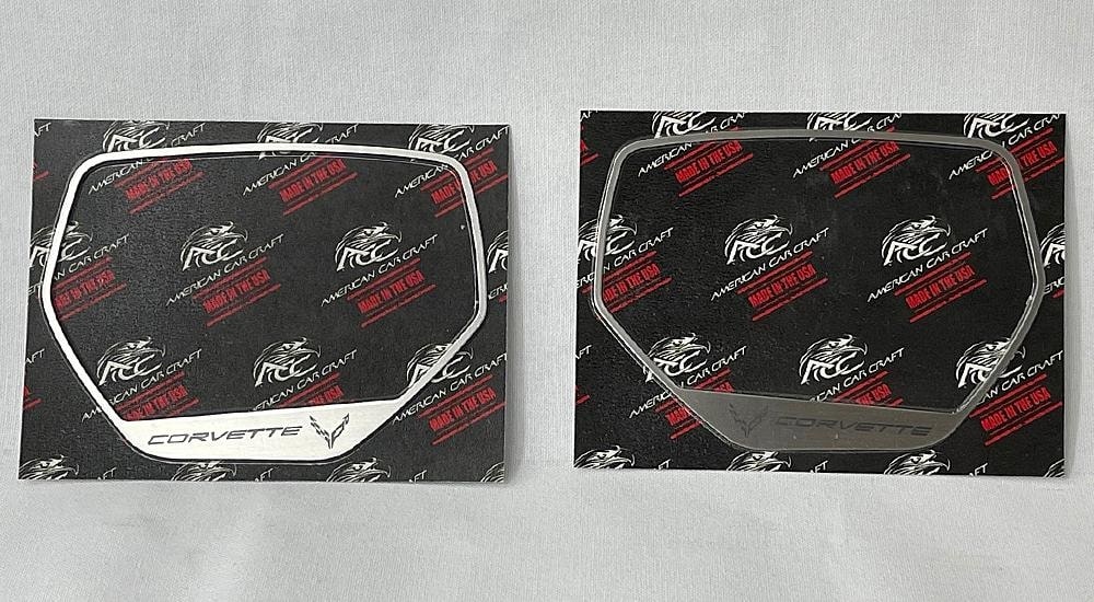 Two brushed stainless side-mirror trim frames with CORVETTE lettering and C8 logos on manufacturer backing cards