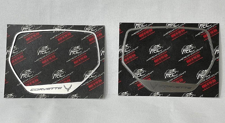 Two brushed stainless side-mirror trim frames with CORVETTE lettering and C8 logos on manufacturer backing cards