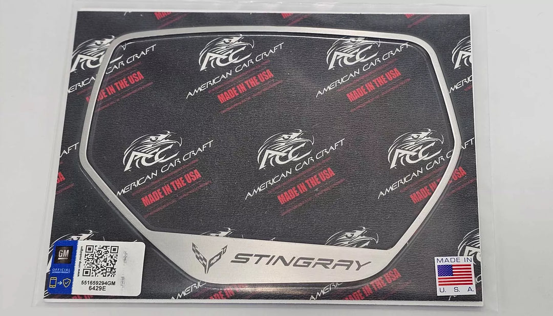 Close view of STINGRAY lettering and the C8 logo on one brushed stainless mirror trim frame