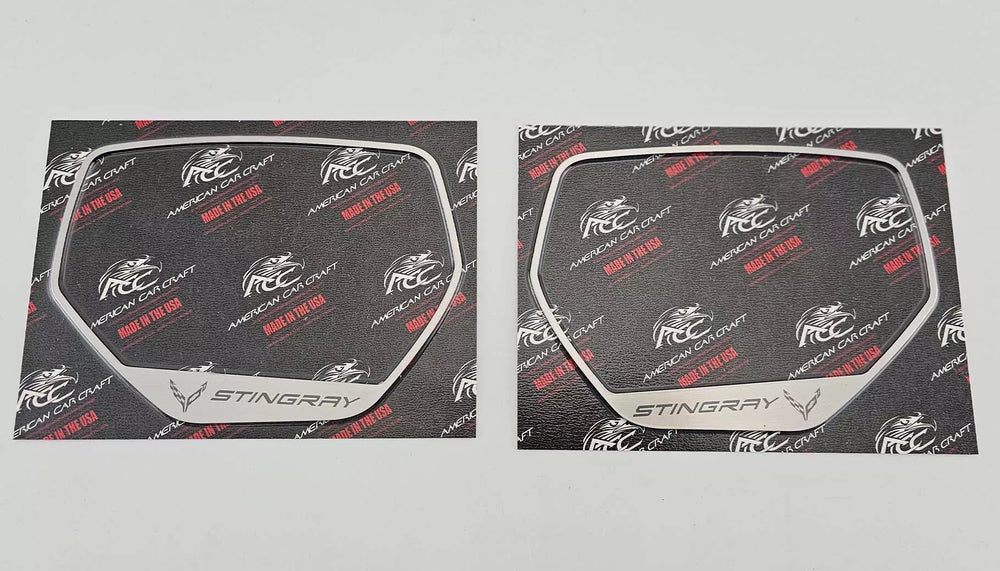 STINGRAY-design brushed stainless side-mirror trim pair displayed on American Car Craft backing cards