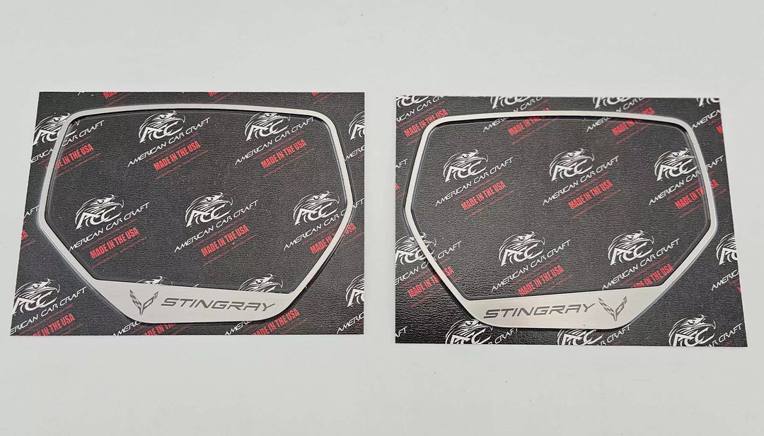 STINGRAY-design brushed stainless side-mirror trim pair displayed on American Car Craft backing cards