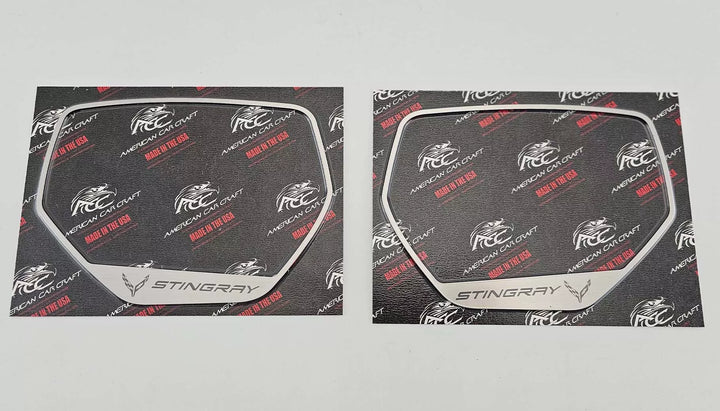STINGRAY-design brushed stainless side-mirror trim pair displayed on American Car Craft backing cards