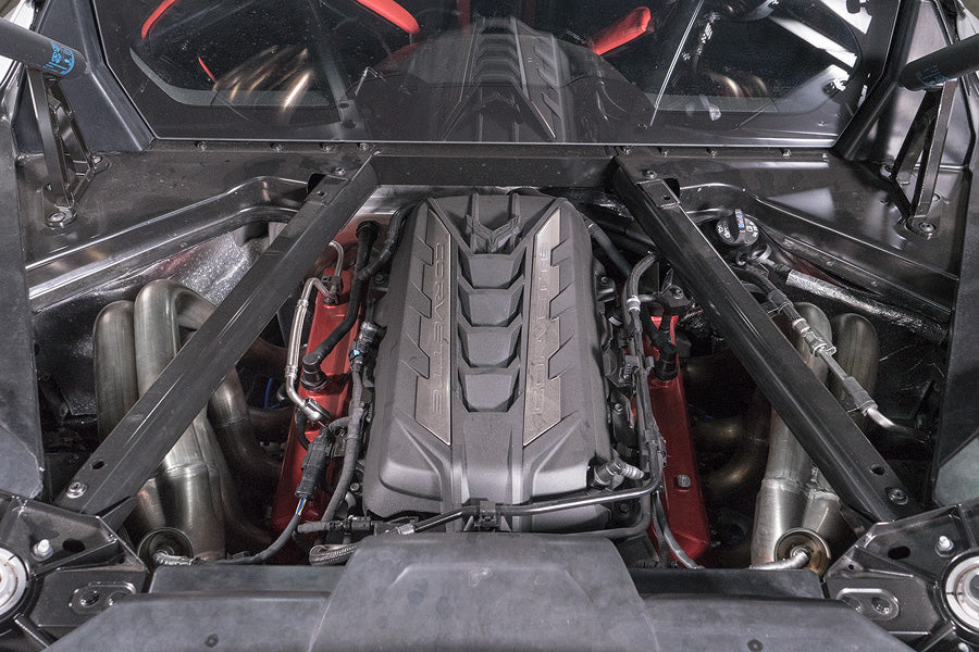Connection area showing Stainless Works C82H 3-inch collectors designed to connect to stock catalytic converters on C8 Corvette