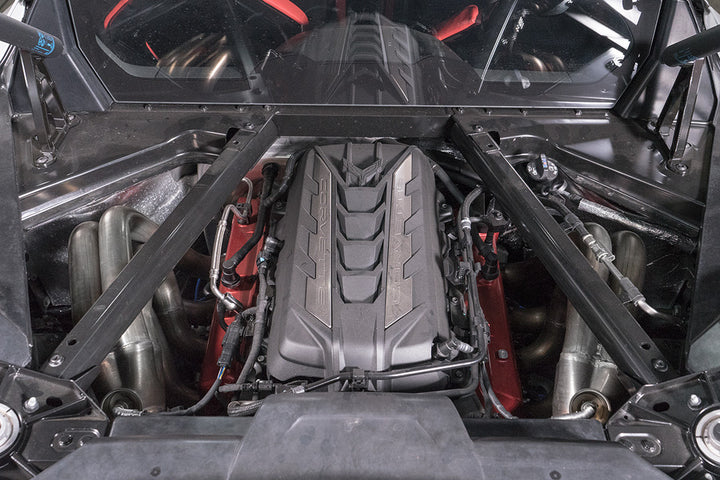 Connection area showing Stainless Works C82H 3-inch collectors designed to connect to stock catalytic converters on C8 Corvette