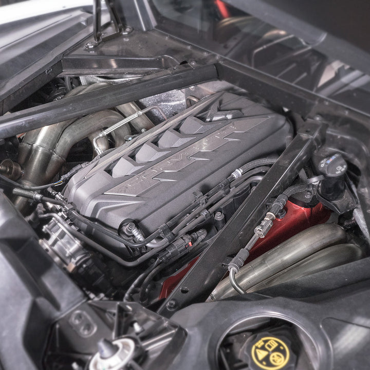 Stainless Works C82H headers installed on a 2021 C8 Corvette Stingray showing 2-inch primary tube routing