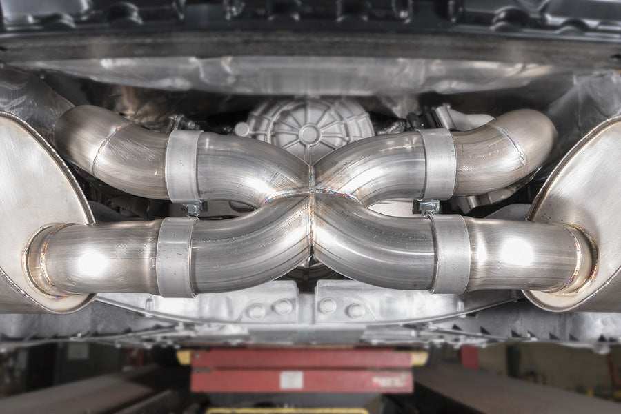 Stainless Works Redline exhaust installed rear view on 2021 C8 Corvette Stingray showing quad slash-cut tips