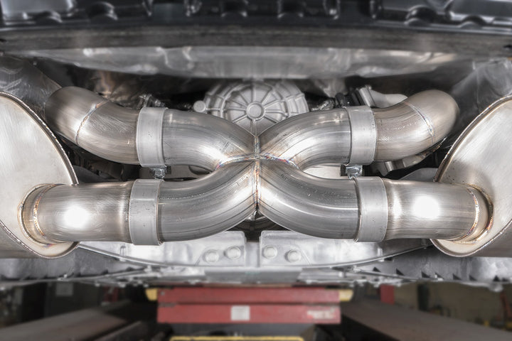 Stainless Works Redline exhaust installed rear view on 2021 C8 Corvette Stingray showing quad slash-cut tips