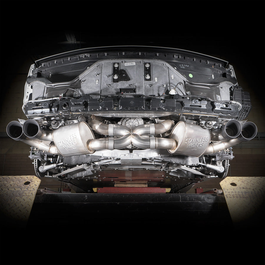 Stainless Works Redline cat-back installed undercar view on 2023 C8 Corvette Stingray showing routing and fit